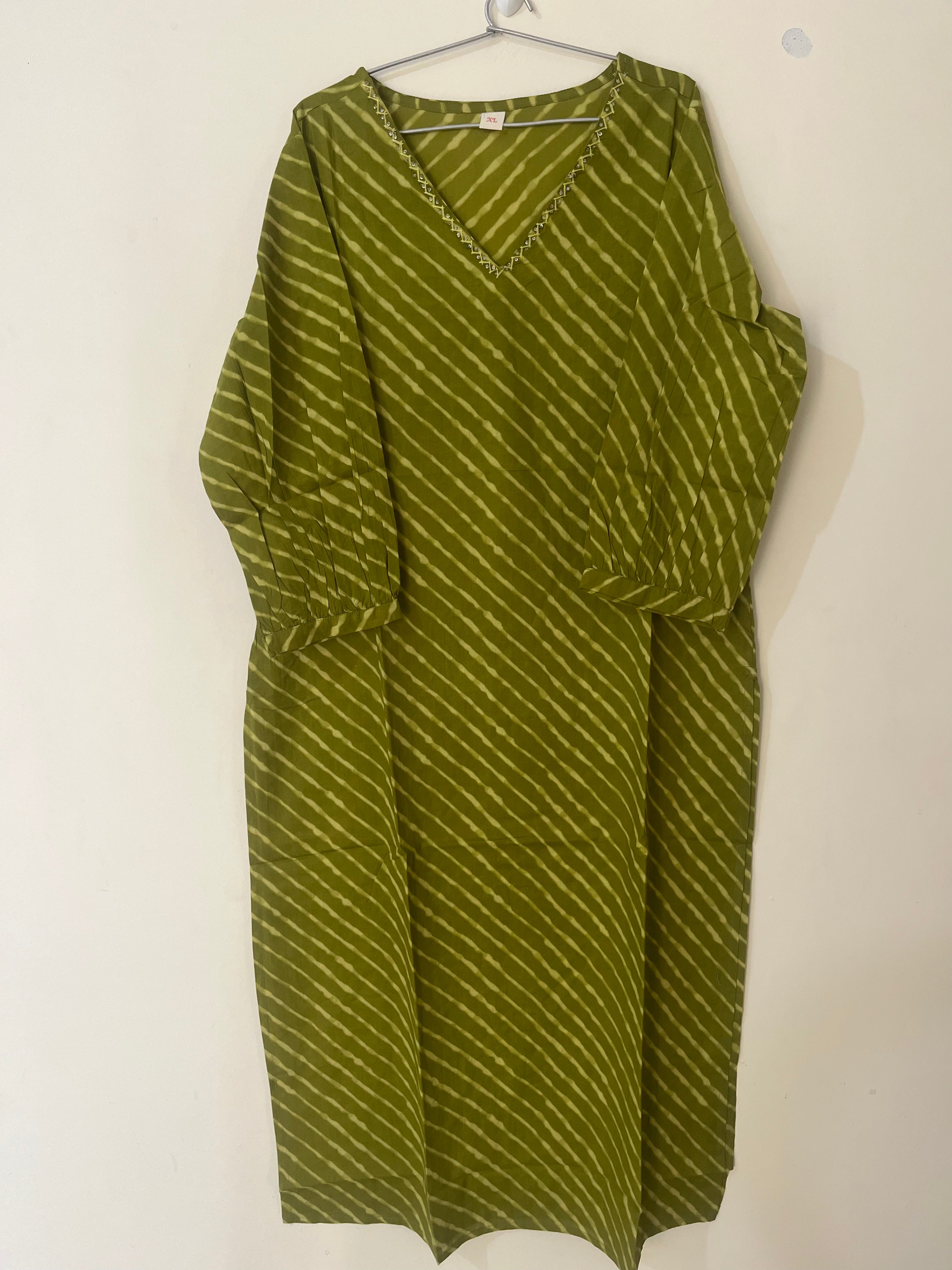 Cotton Full hands olive green stripes full length kurti