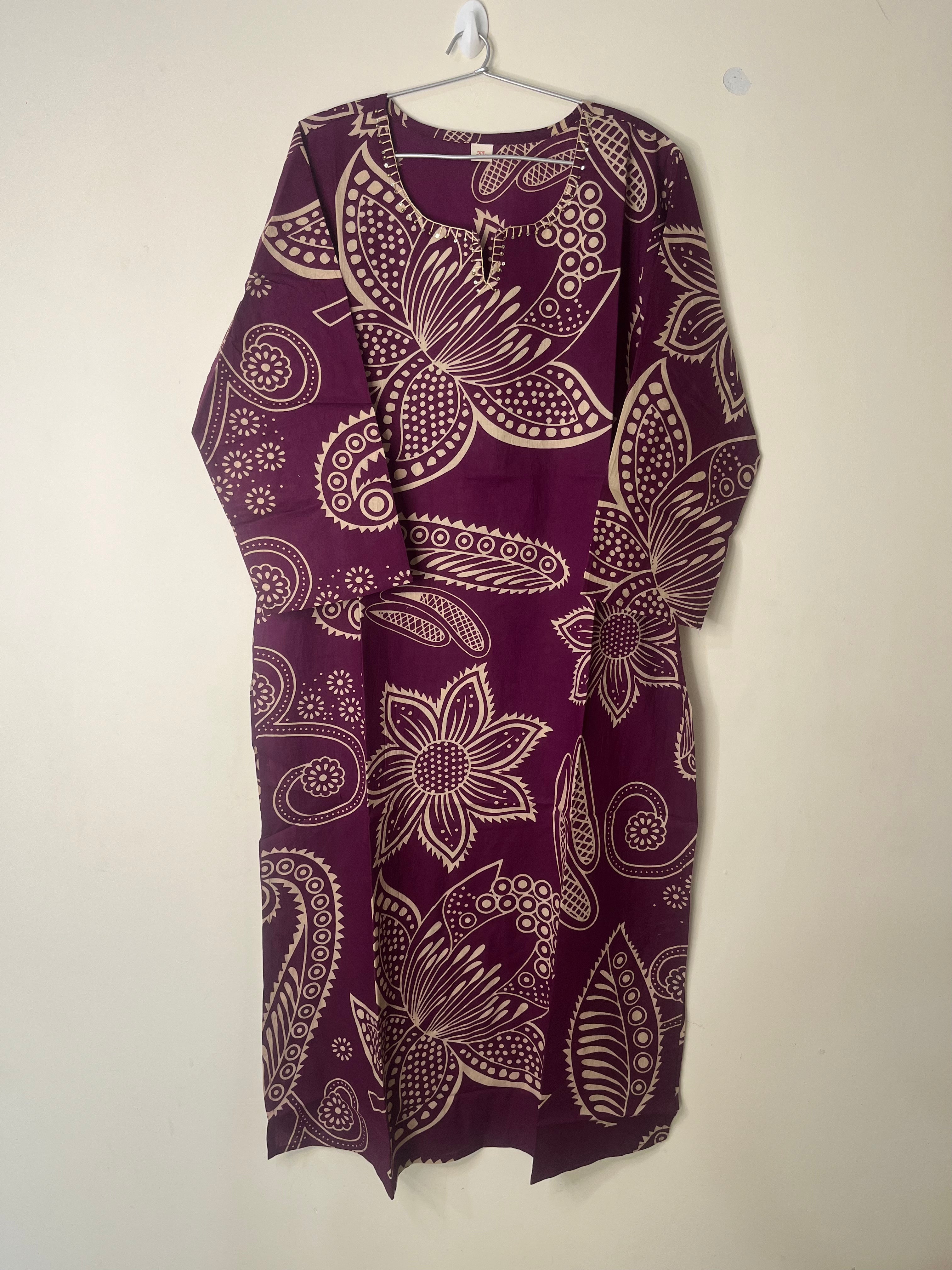 Cotton Kurti Full hands maroon floral full length kurti