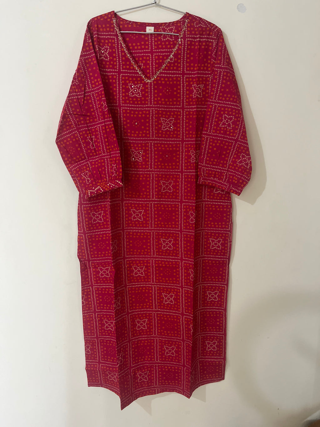 Cotton Kurti Full hands pink Bhandini square orange and cream design full length kurti