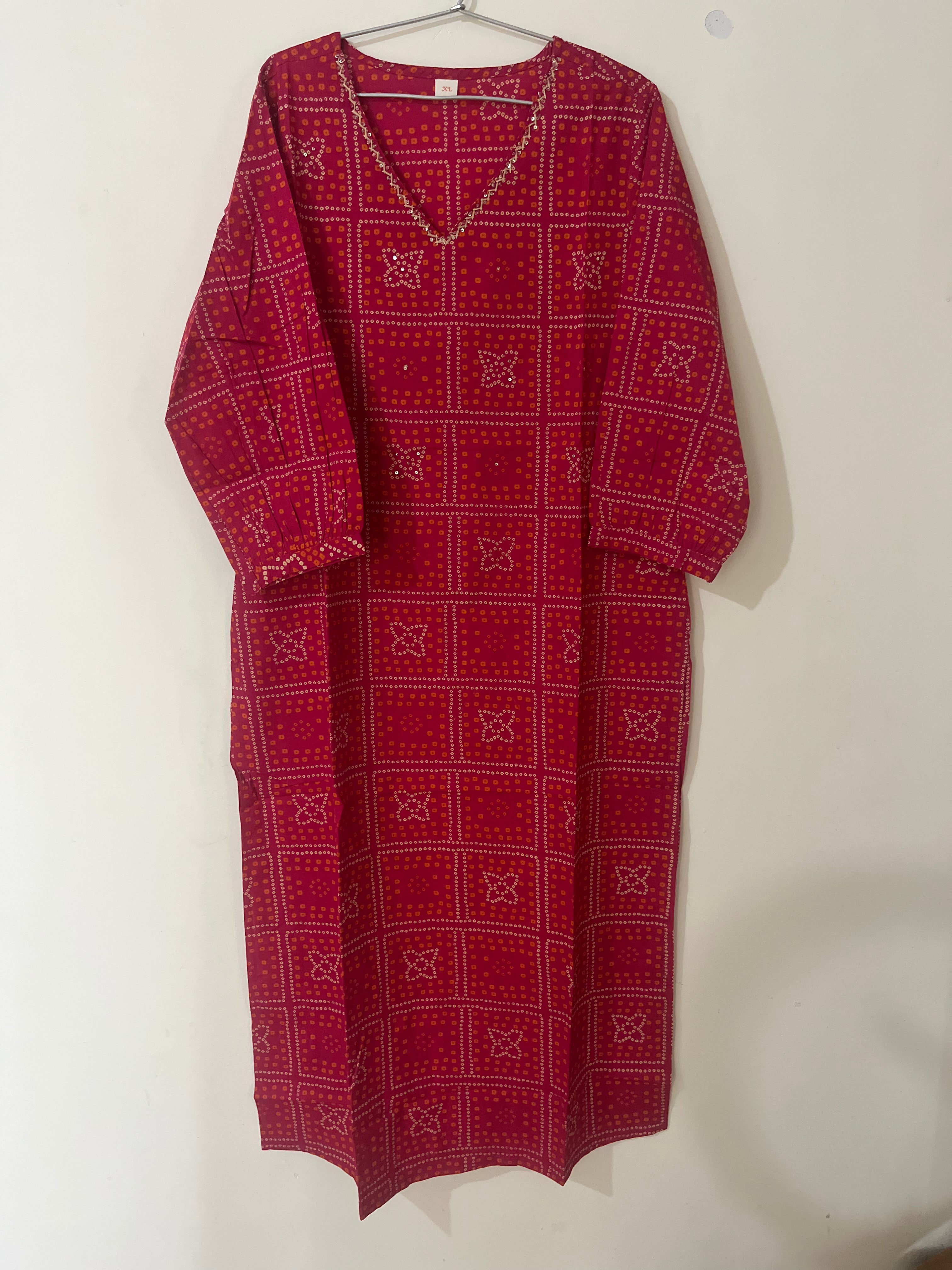 Cotton Kurti Full hands pink Bhandini square orange and cream design full length kurti