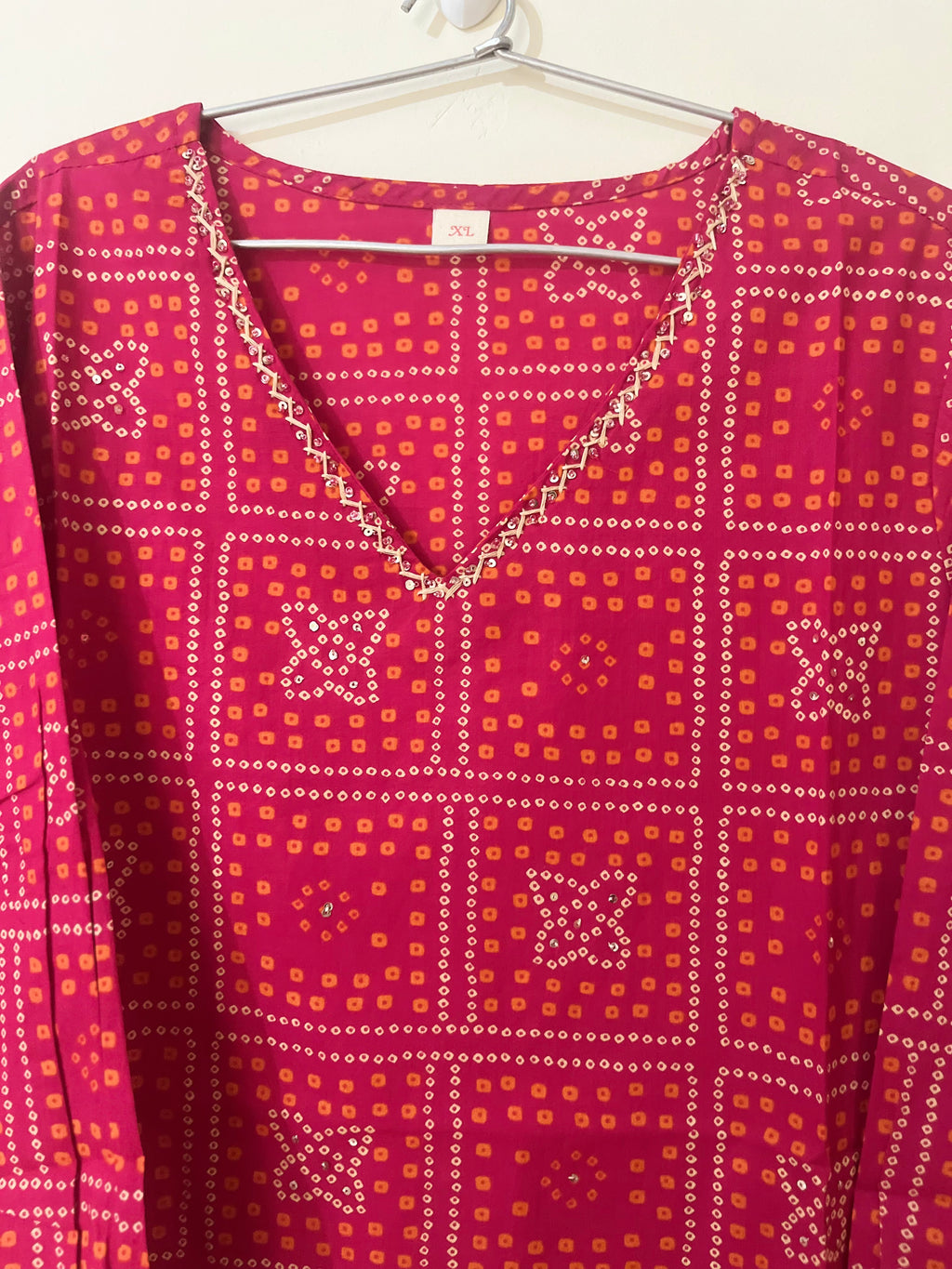 Cotton Kurti Full hands pink Bhandini square orange and cream design full length kurti