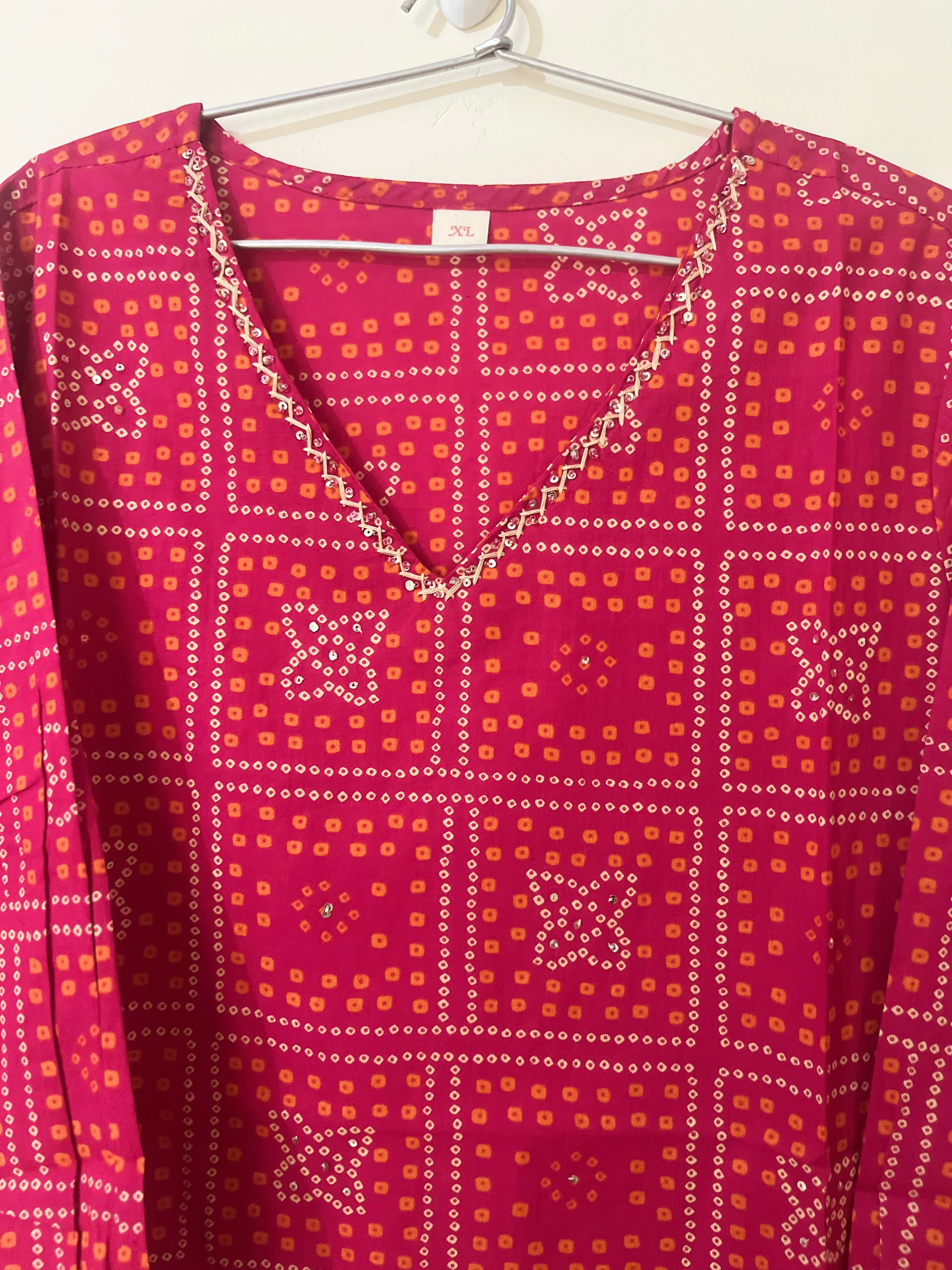 Cotton Kurti Full hands pink Bhandini square orange and cream design full length kurti