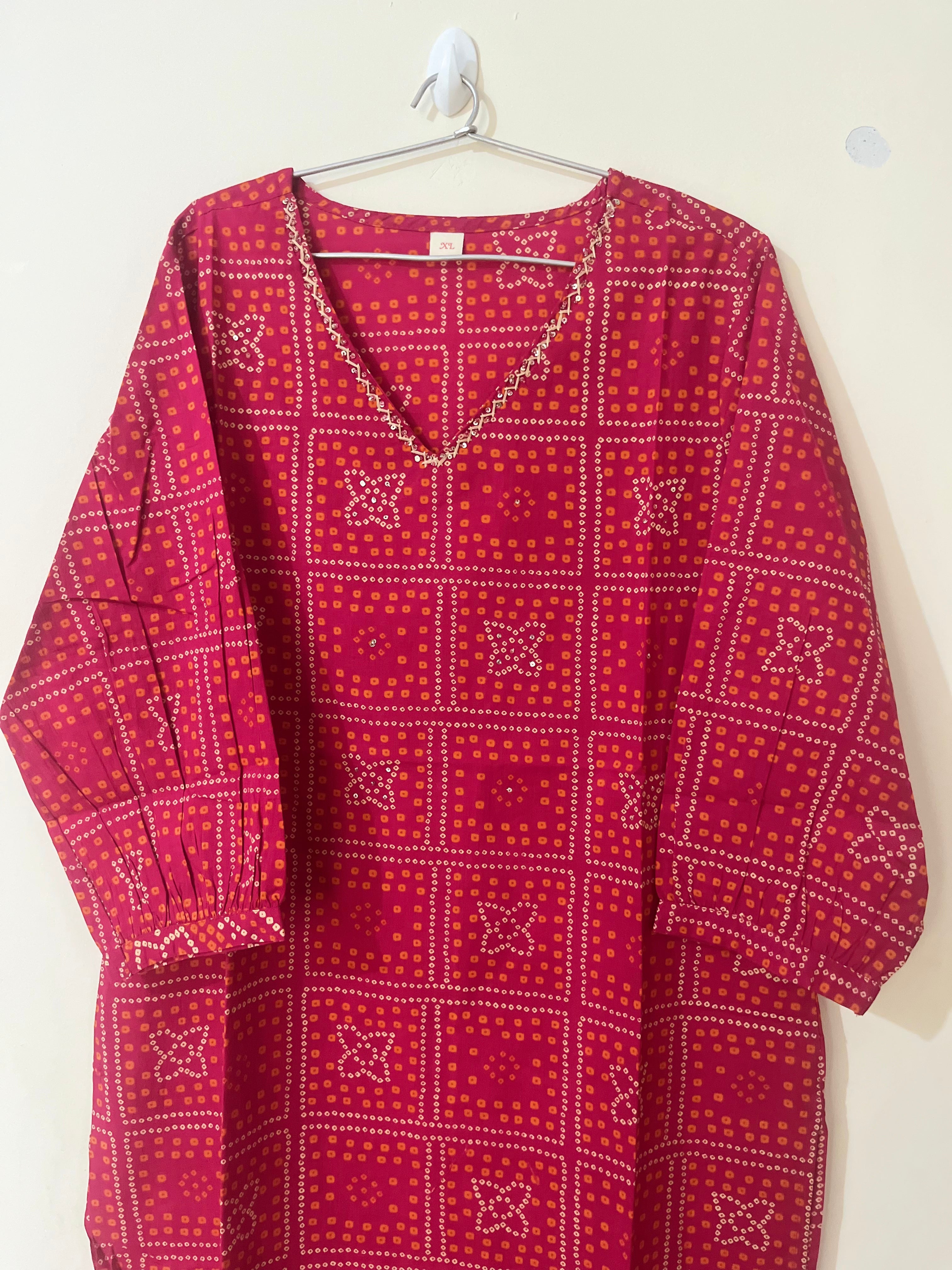 Cotton Kurti Full hands pink Bhandini square orange and cream design full length kurti