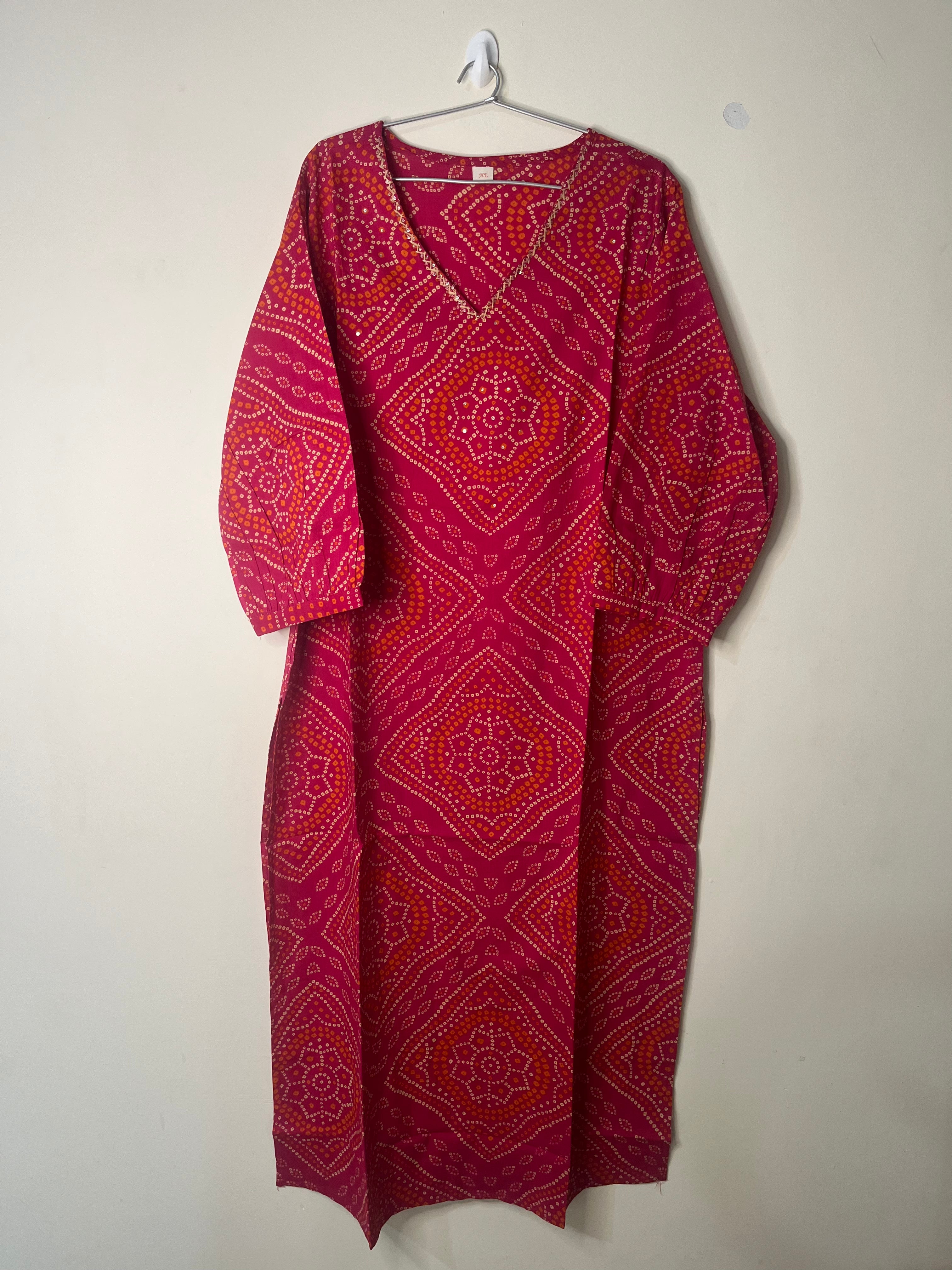 Cotton Full hands pink Bhandini rangoli orange and cream design full length kurti