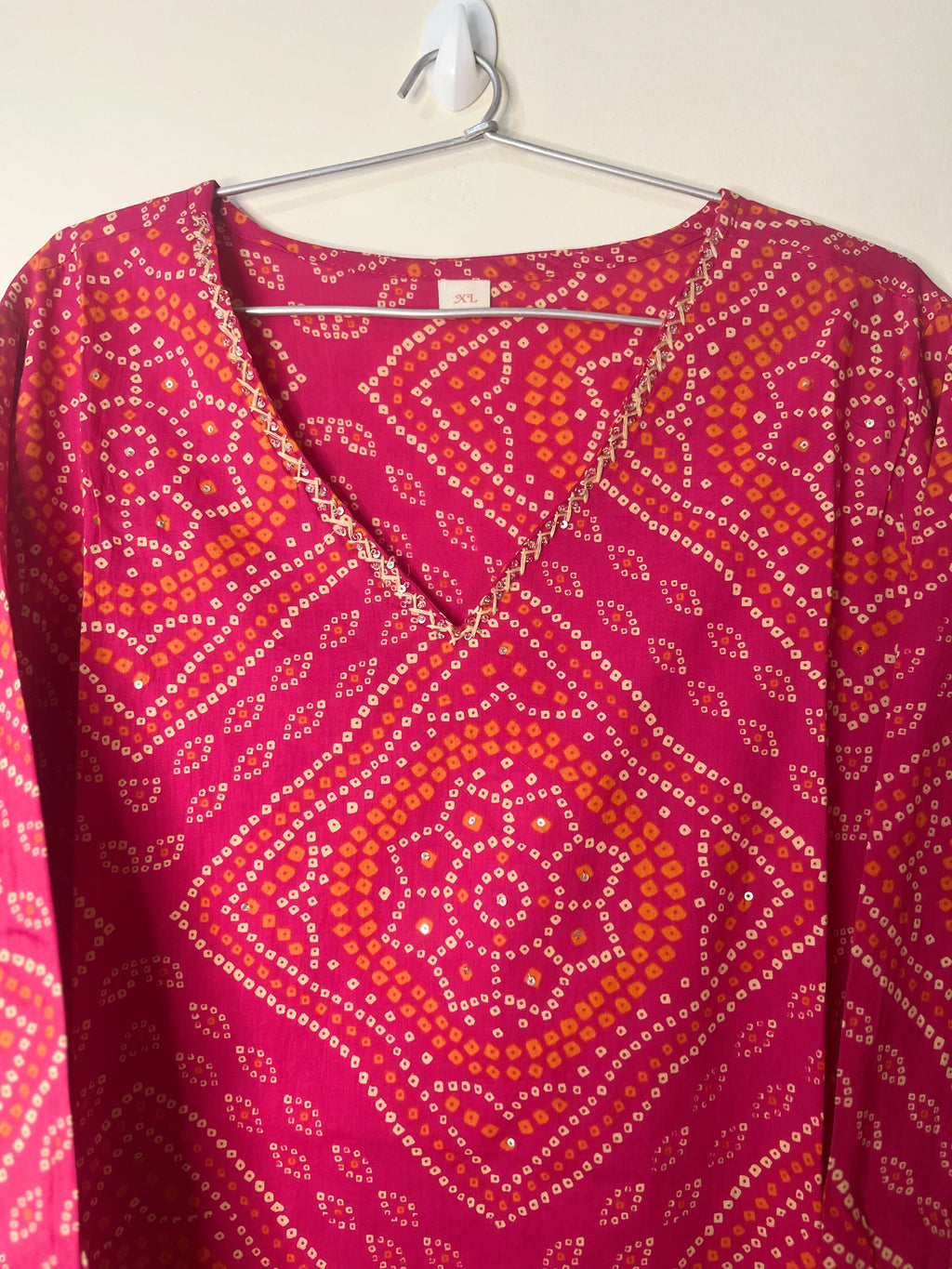 Cotton Full hands pink Bhandini rangoli orange and cream design full length kurti