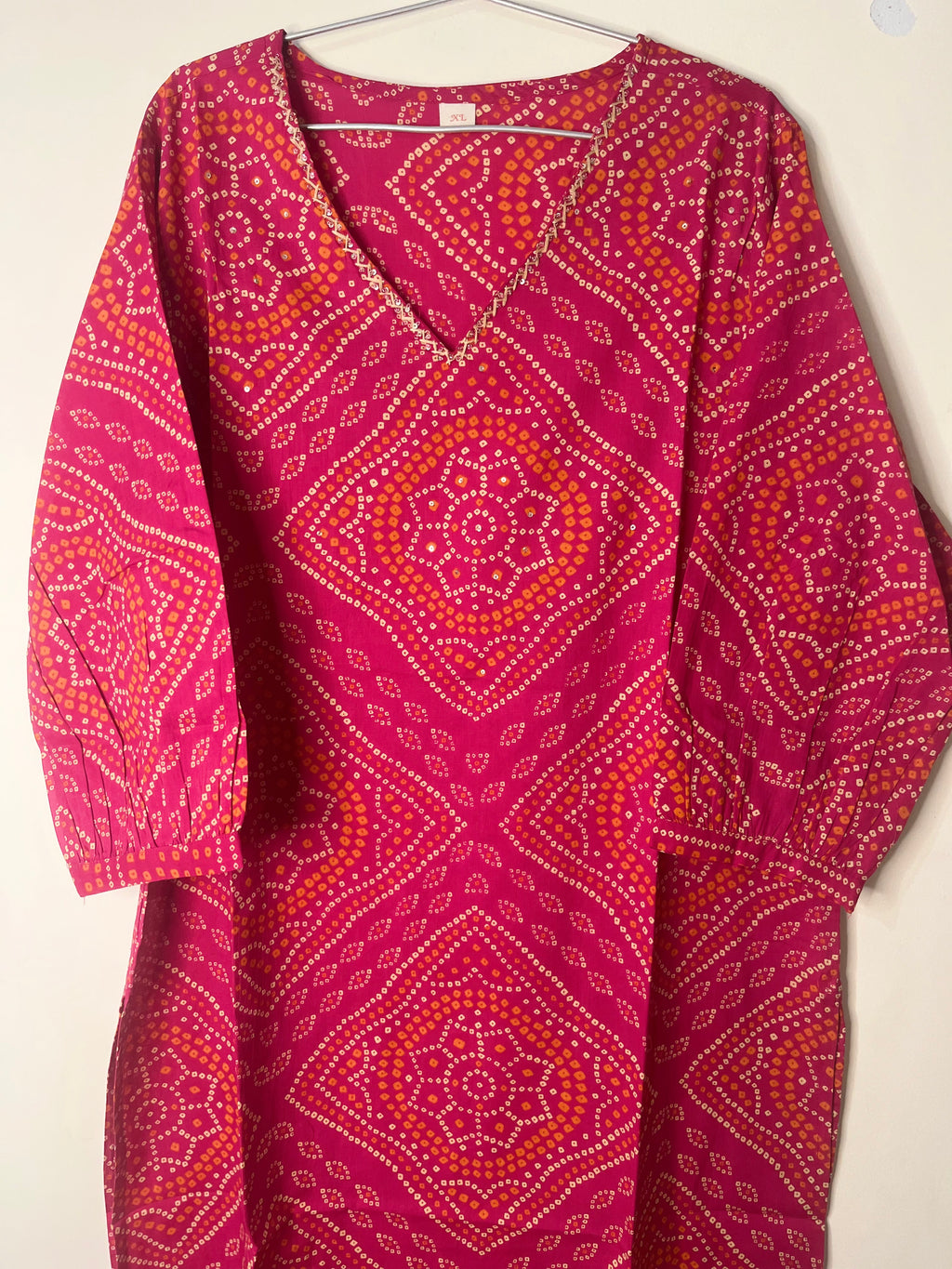Cotton Full hands pink Bhandini rangoli orange and cream design full length kurti