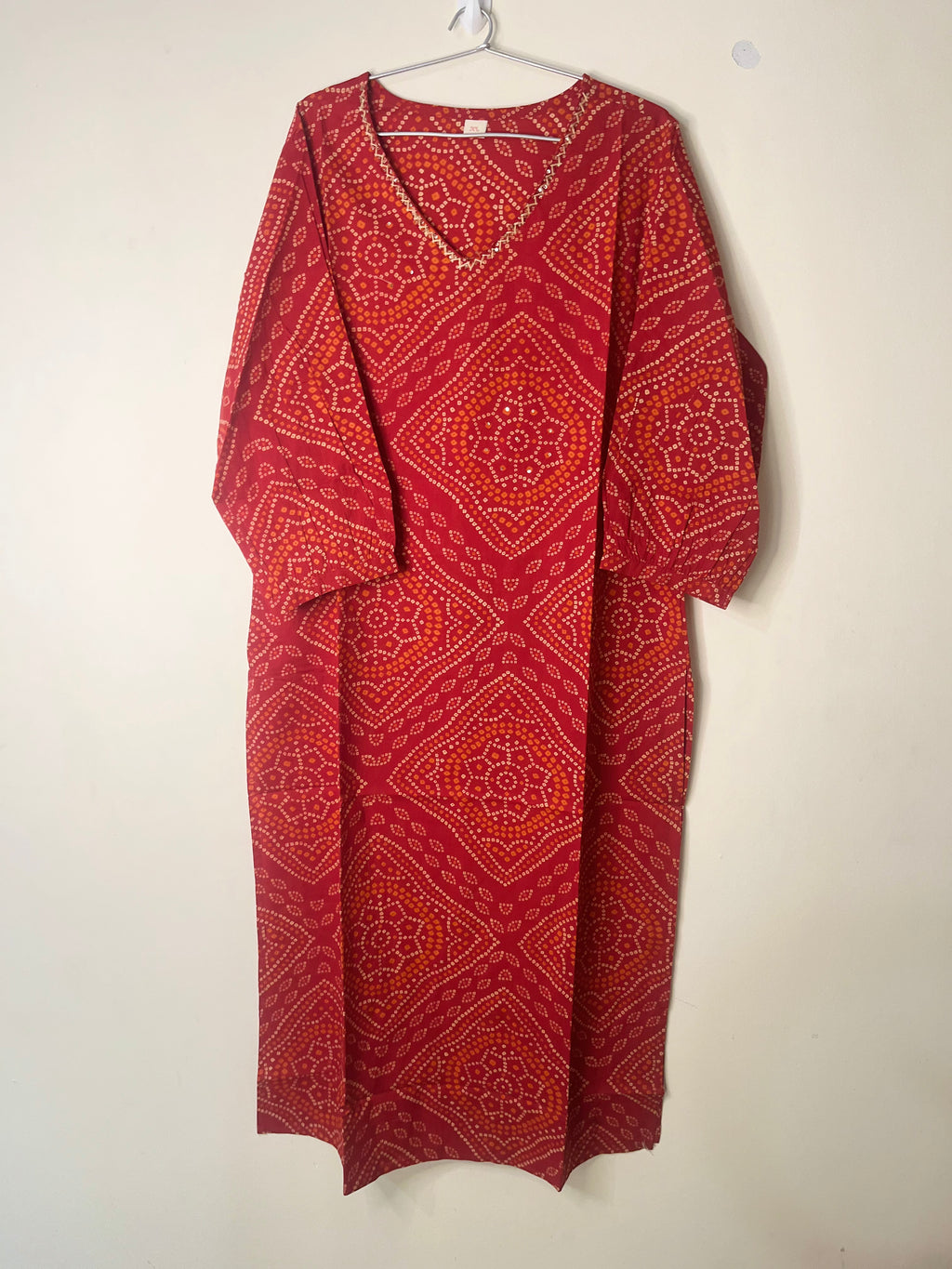 Cotton Full hands red Bhandini r orange and cream design full length kurti