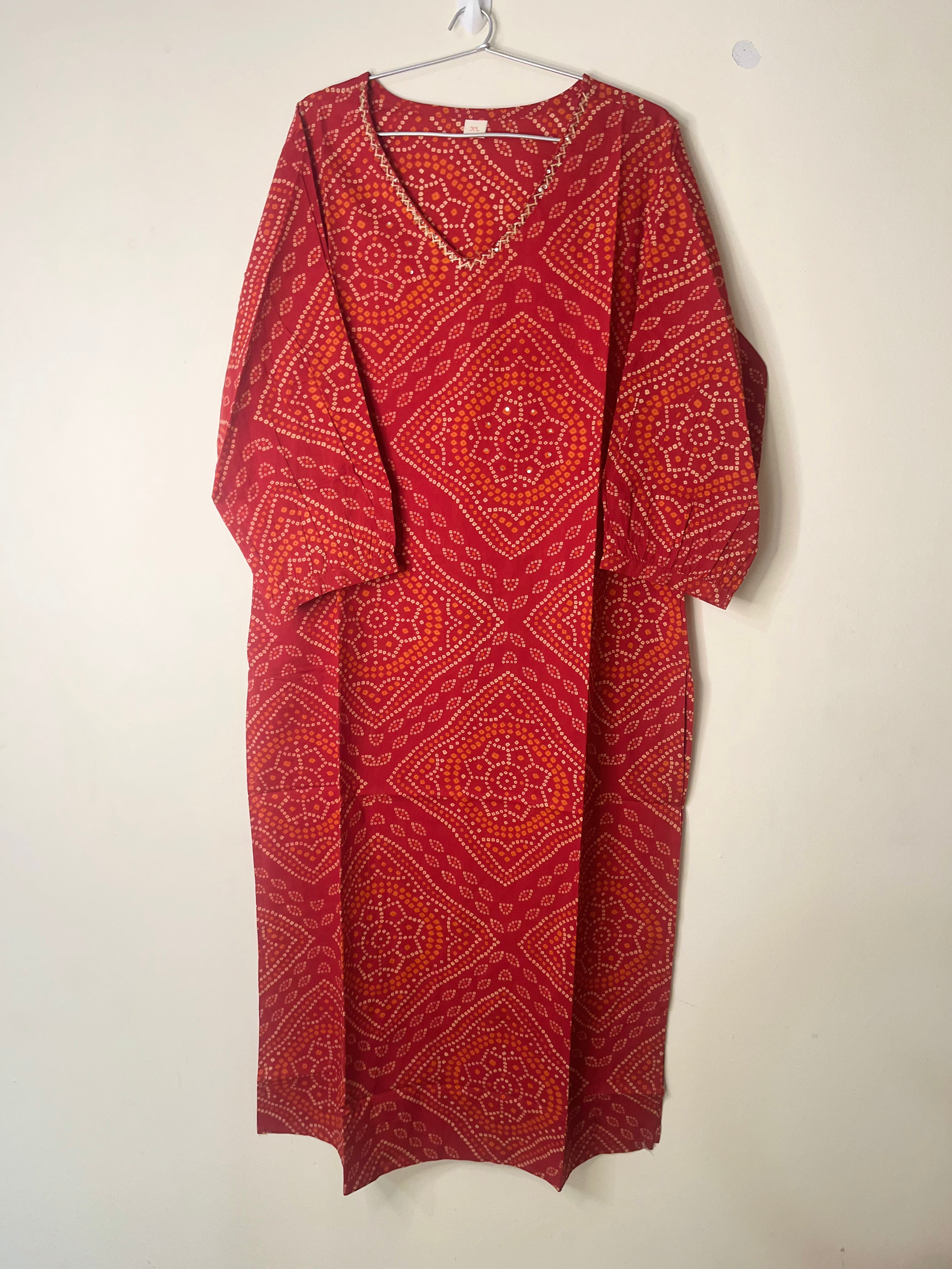 Cotton Full hands red Bhandini r orange and cream design full length kurti