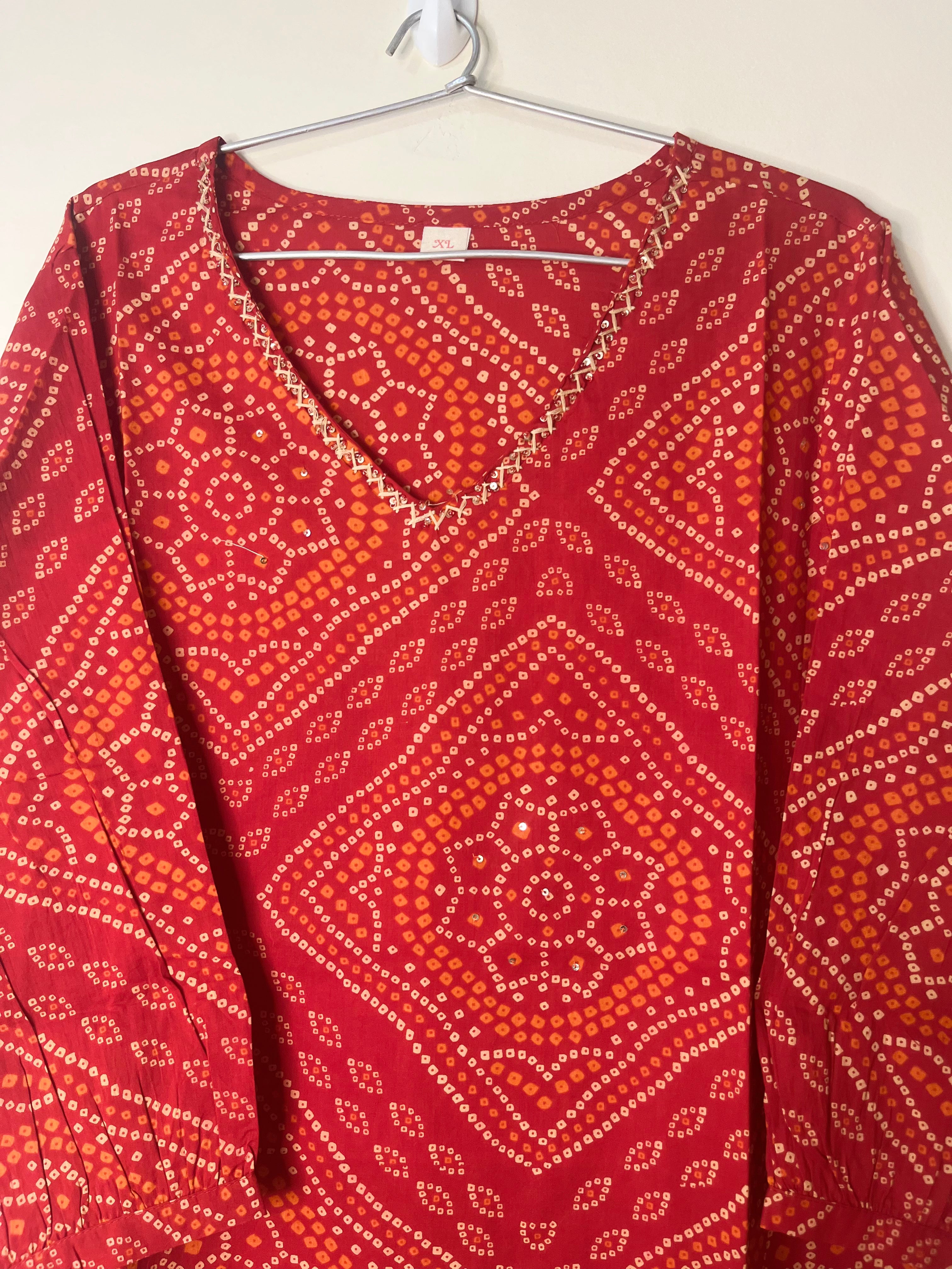 Cotton Full hands red Bhandini r orange and cream design full length kurti