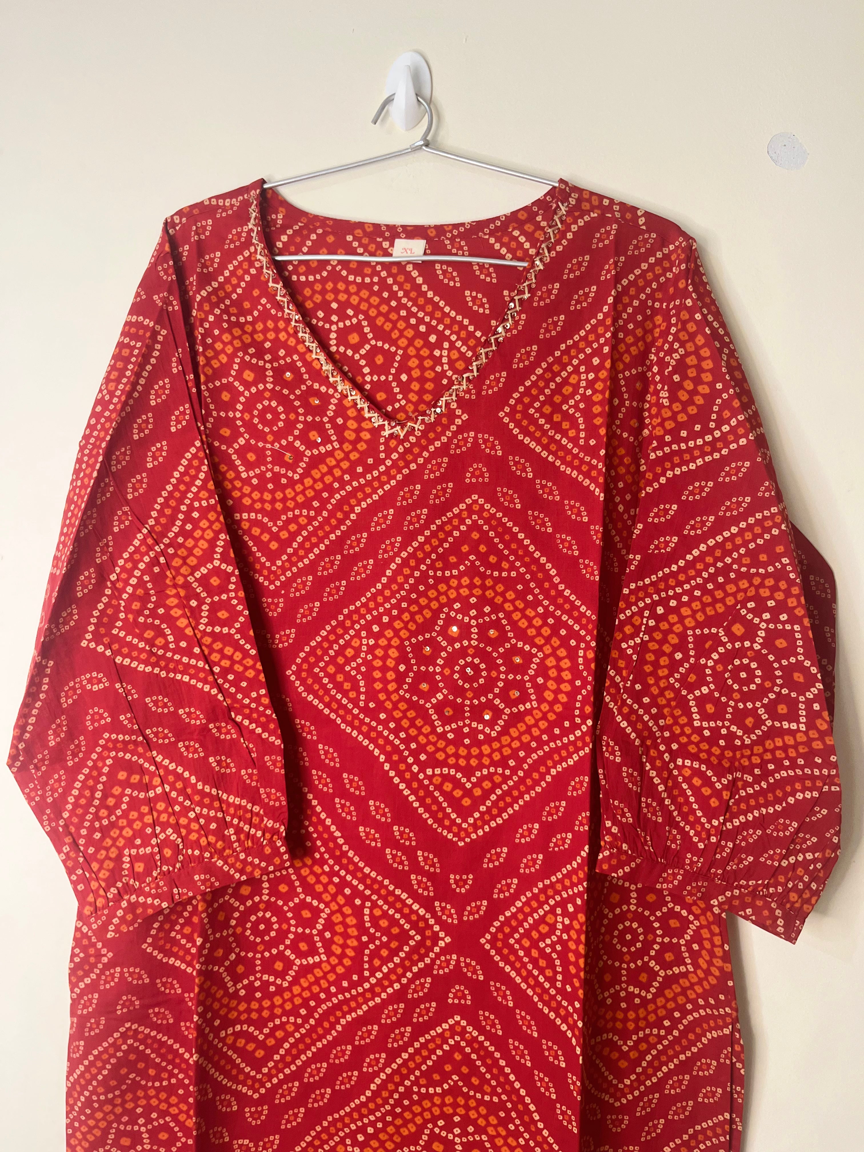Cotton Full hands red Bhandini r orange and cream design full length kurti